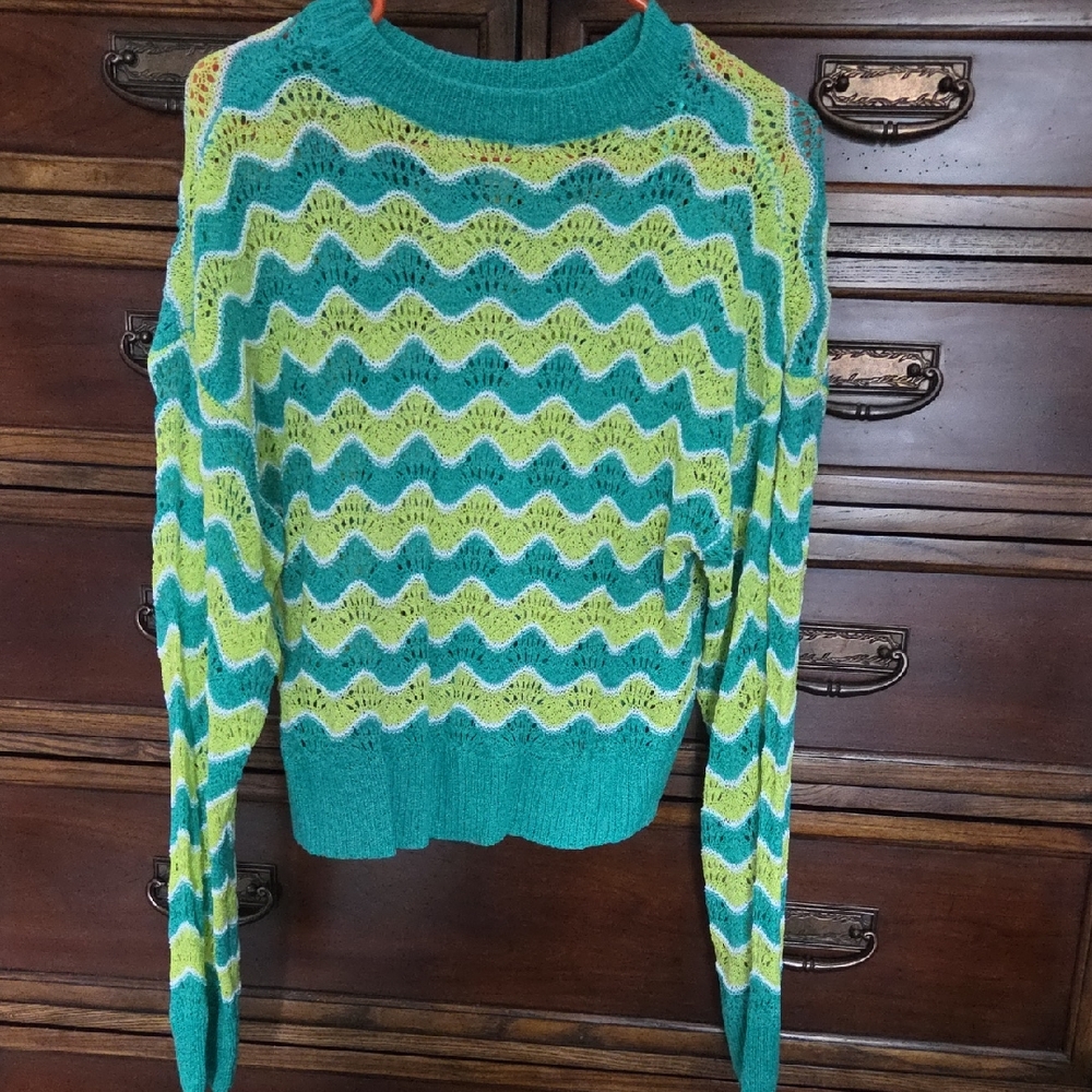 Love Riche Teal and Lime Wave Knit Sweater